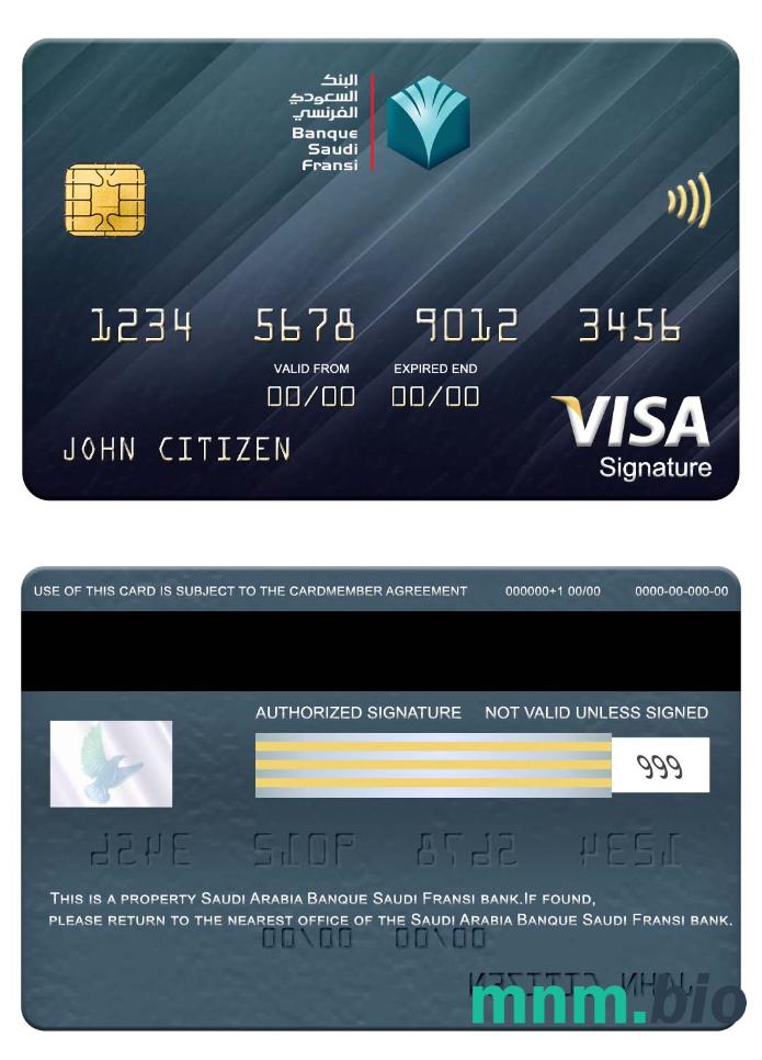 Saudi Arabia Banque Saudi Fransi bank visa podpis karta przykład w formacie PSD